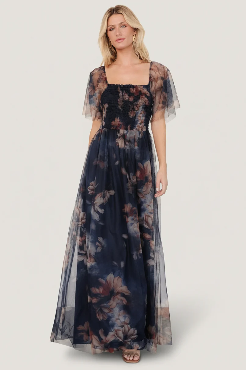Cassandra Tulle Maxi Dress — Dark Blue Floral