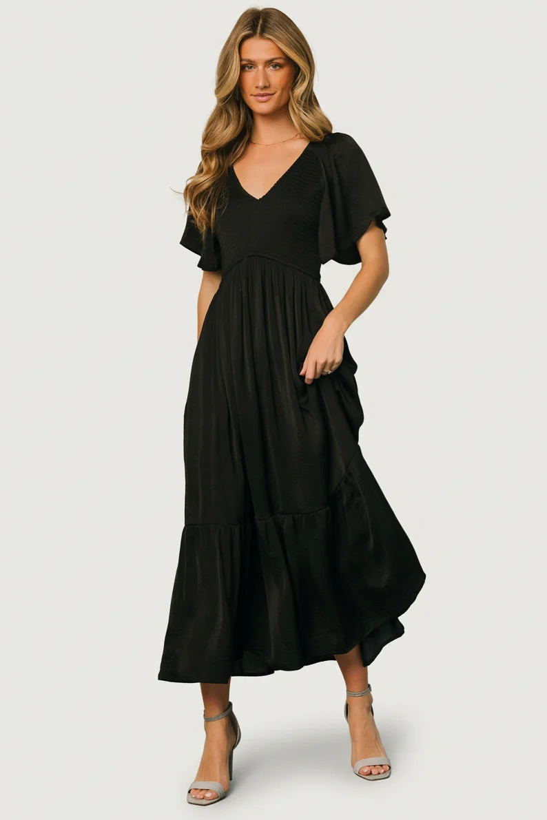 Lovell Smocked Midi Dress — Black Satin Midi