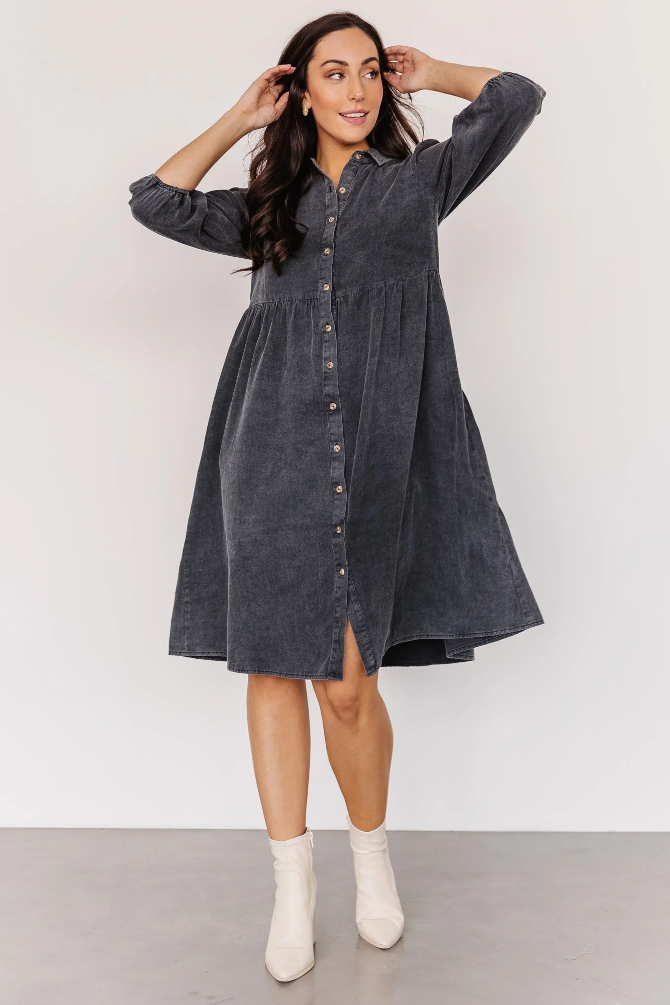 Sari Babydoll Dress - Washed Black Cotton Mini