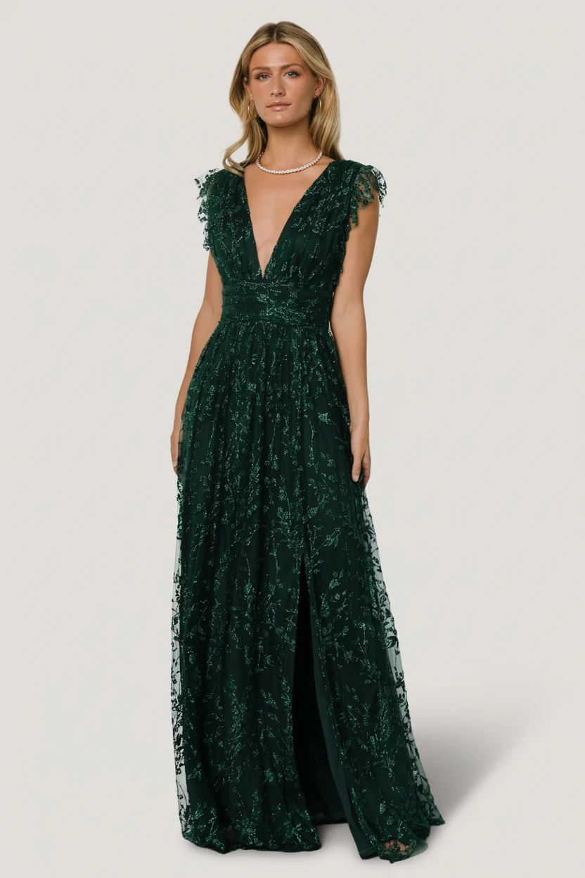 Arlene Shimmer Gown — Emerald Tulle Maxi