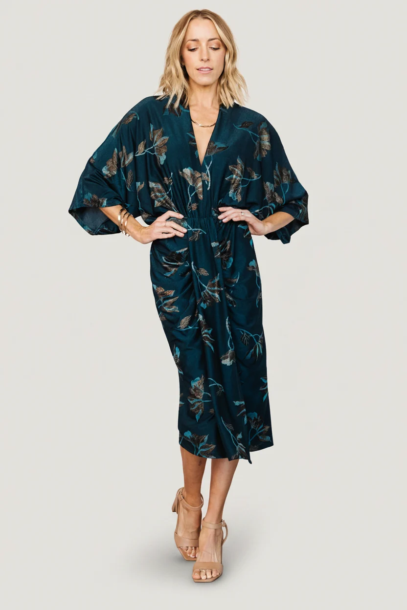 Shaneen Ruched Midi Dress in Jade Floral