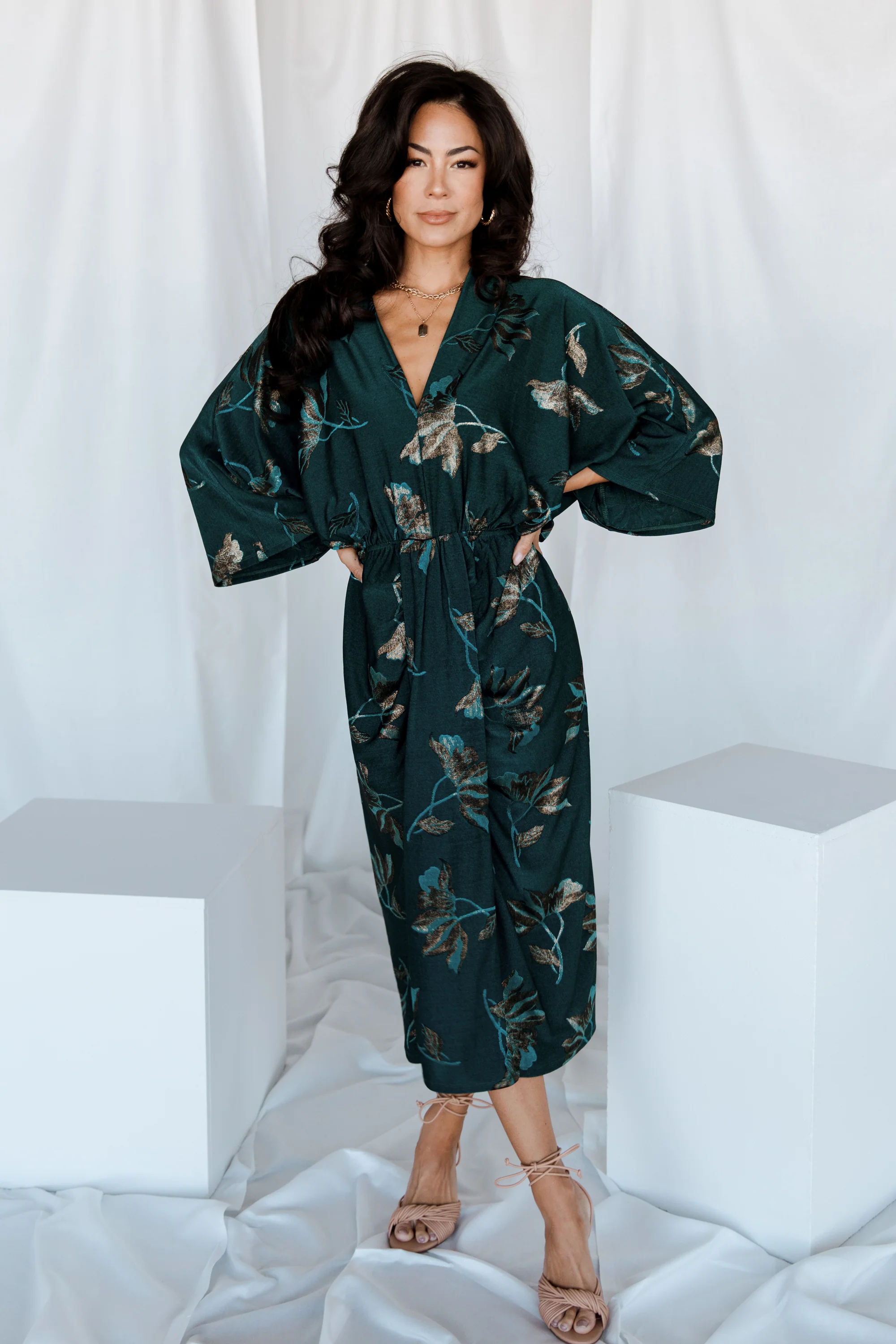 Shaneen Ruched Midi Dress in Jade Floral