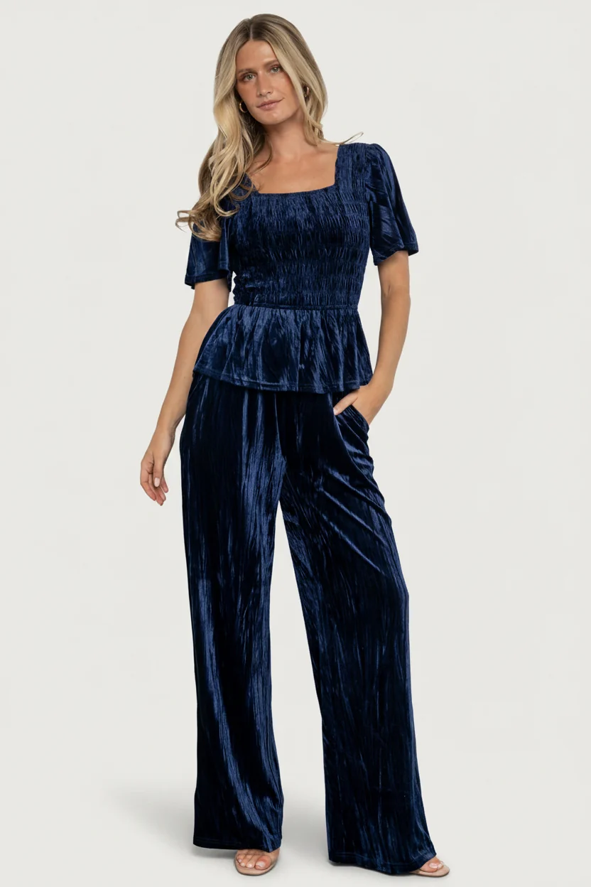 Elin Velvet Set - Peplum Top & Pants, Navy