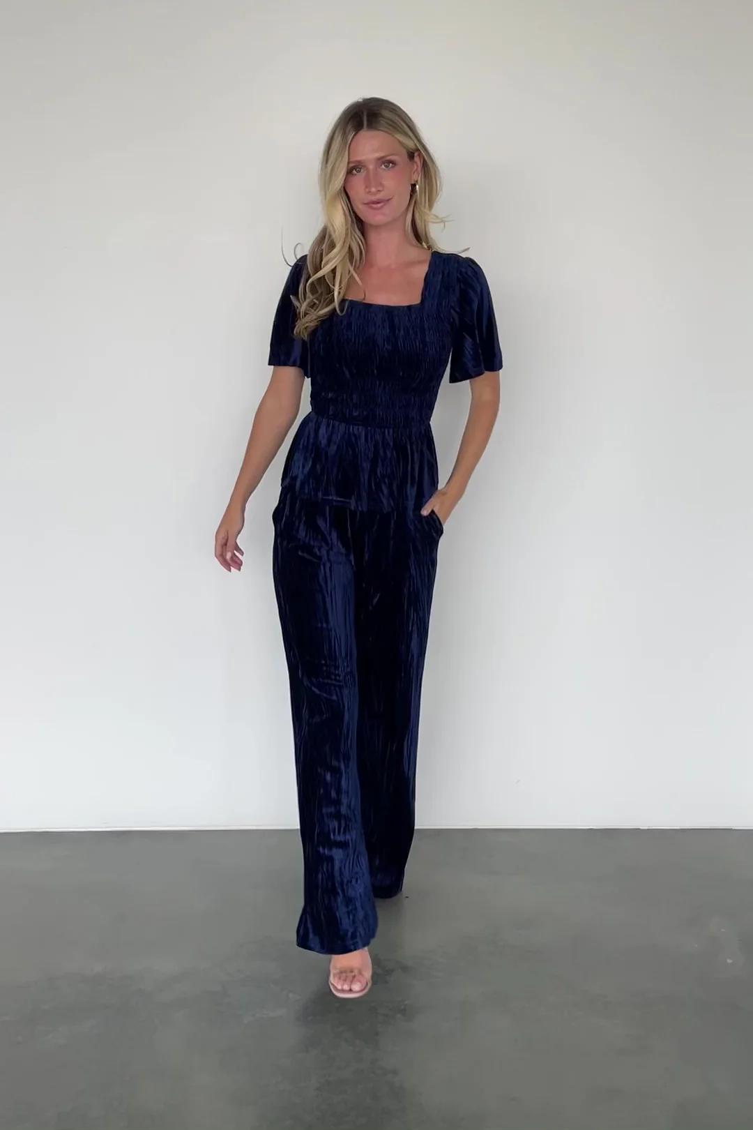 Elin Velvet Set - Peplum Top & Pants, Navy