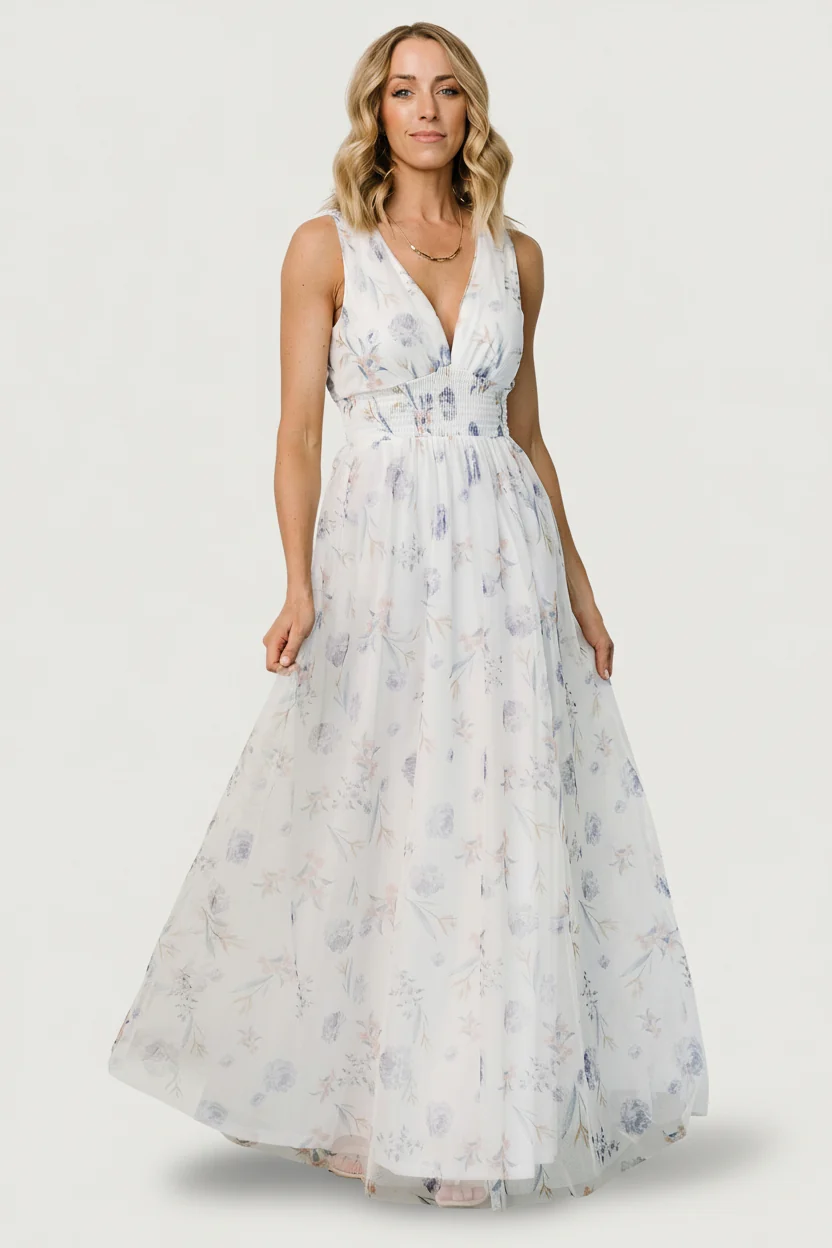 Kamila Tulle Maxi Dress - White Floral