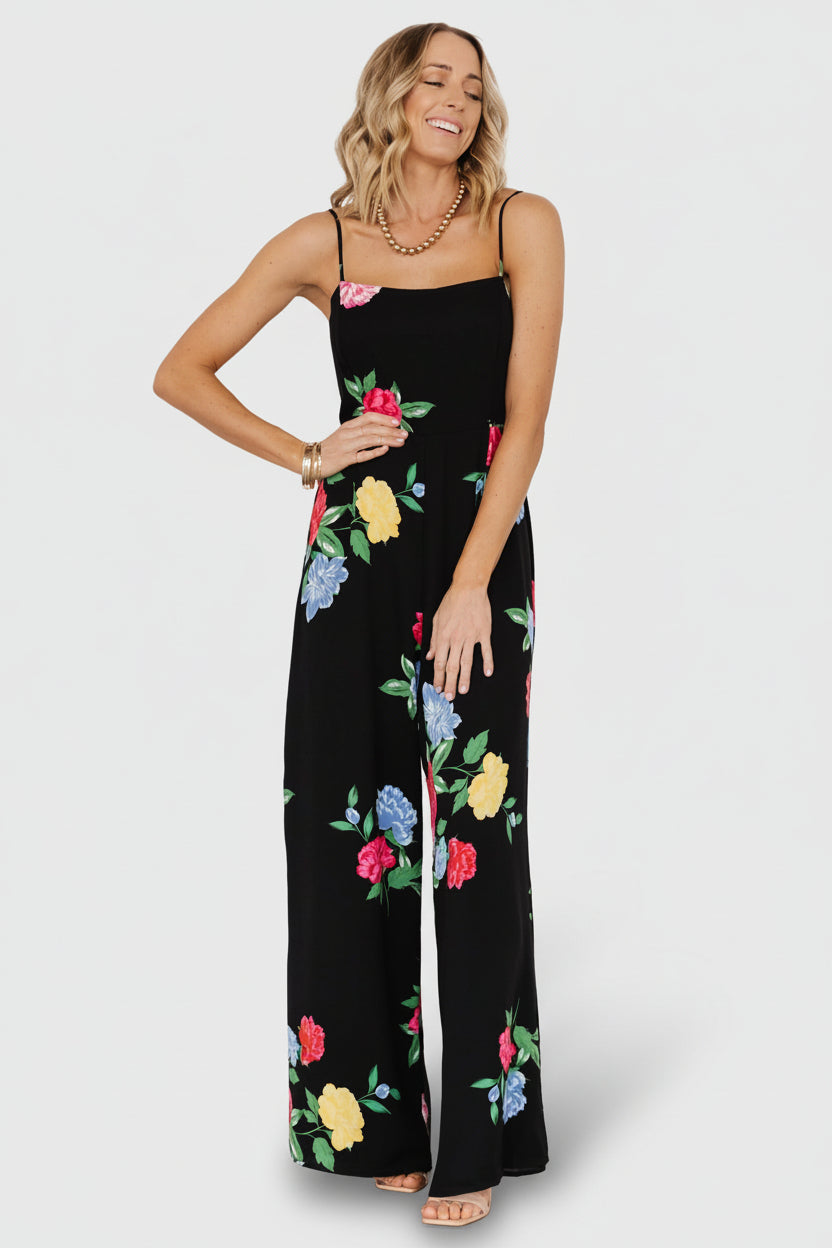 Brooklyn Wide Leg Jumpsuit — Black Floral