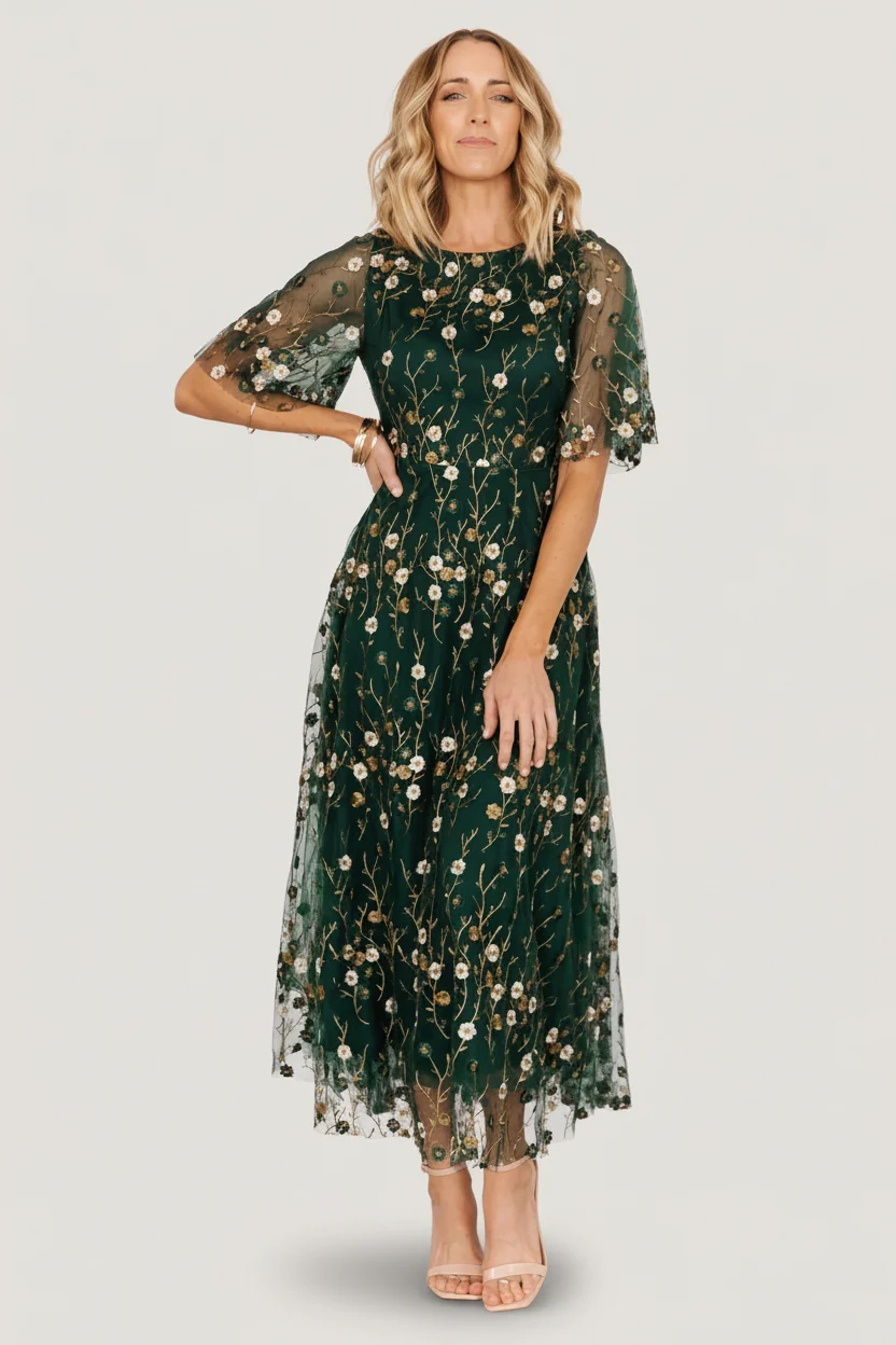 Arabella Tulle Maxi — Dark Green Floral