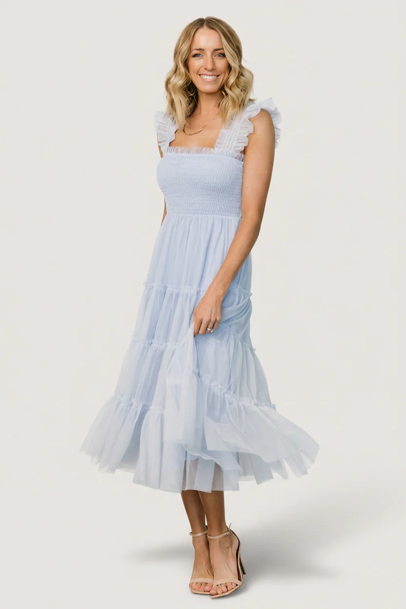 Emma Smocked Tulle Midi Dress - Light Blue