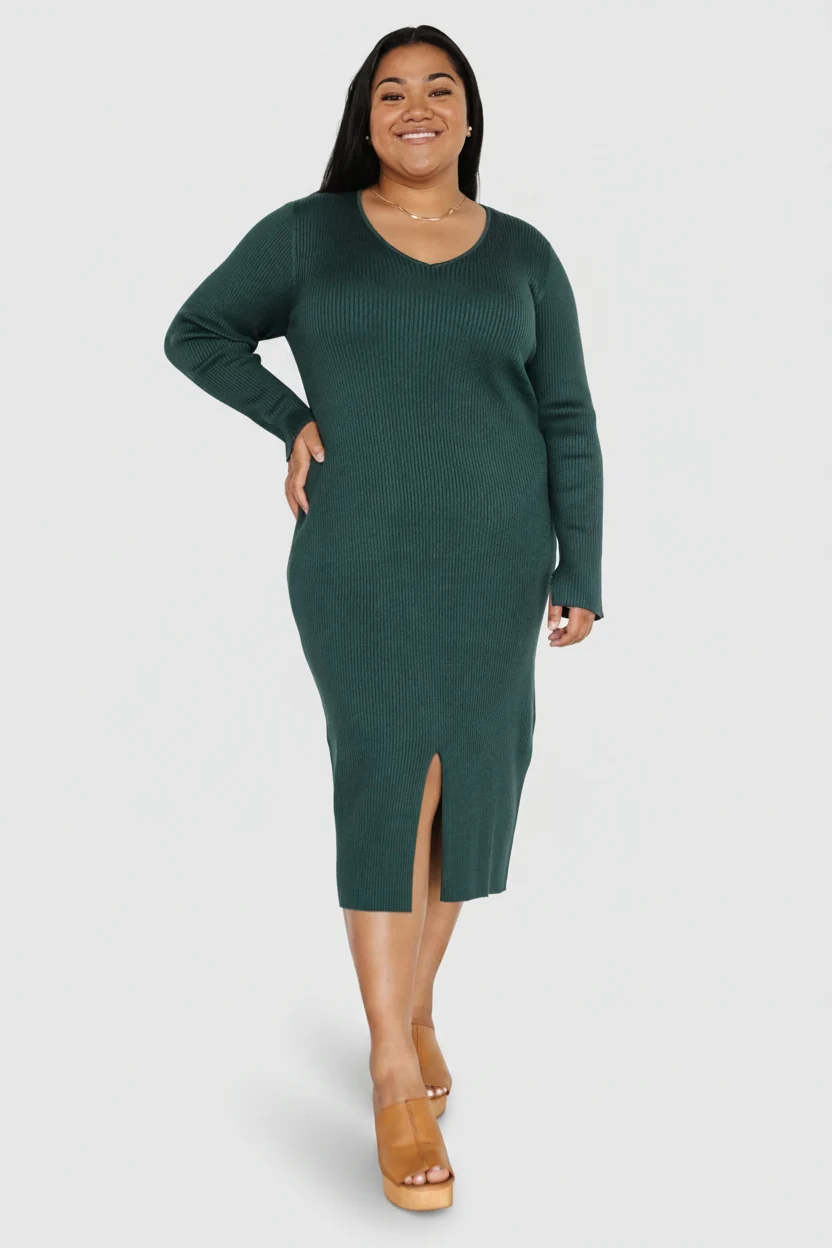 Fairmount Ribbed Midi Dress - V-Neck Green