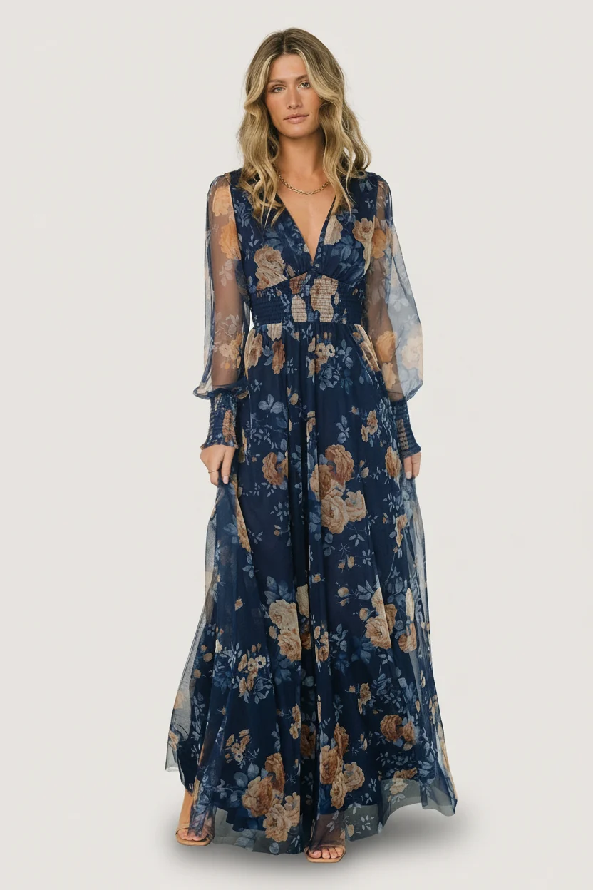 Layla Tulle Maxi Dress - Blue & Golden Floral