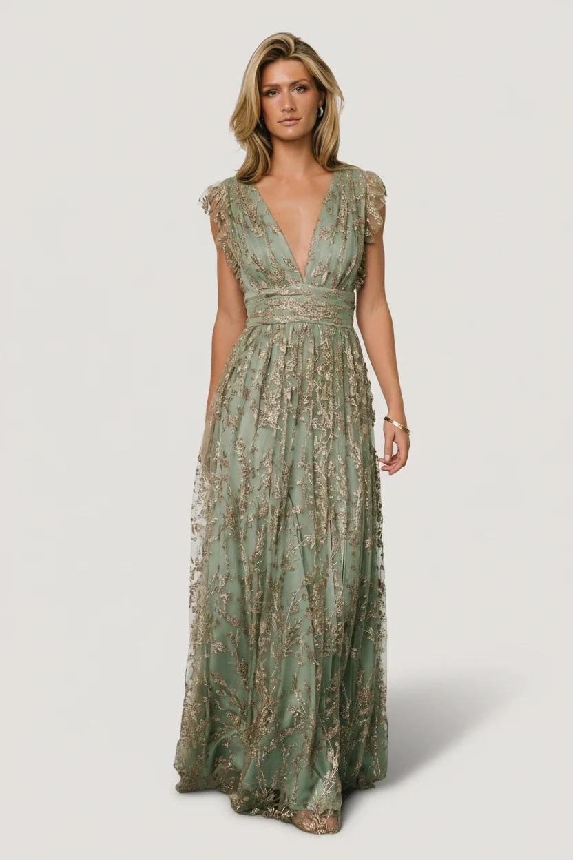 Arlene Shimmer Gown — Sage & Gold Maxi Dress