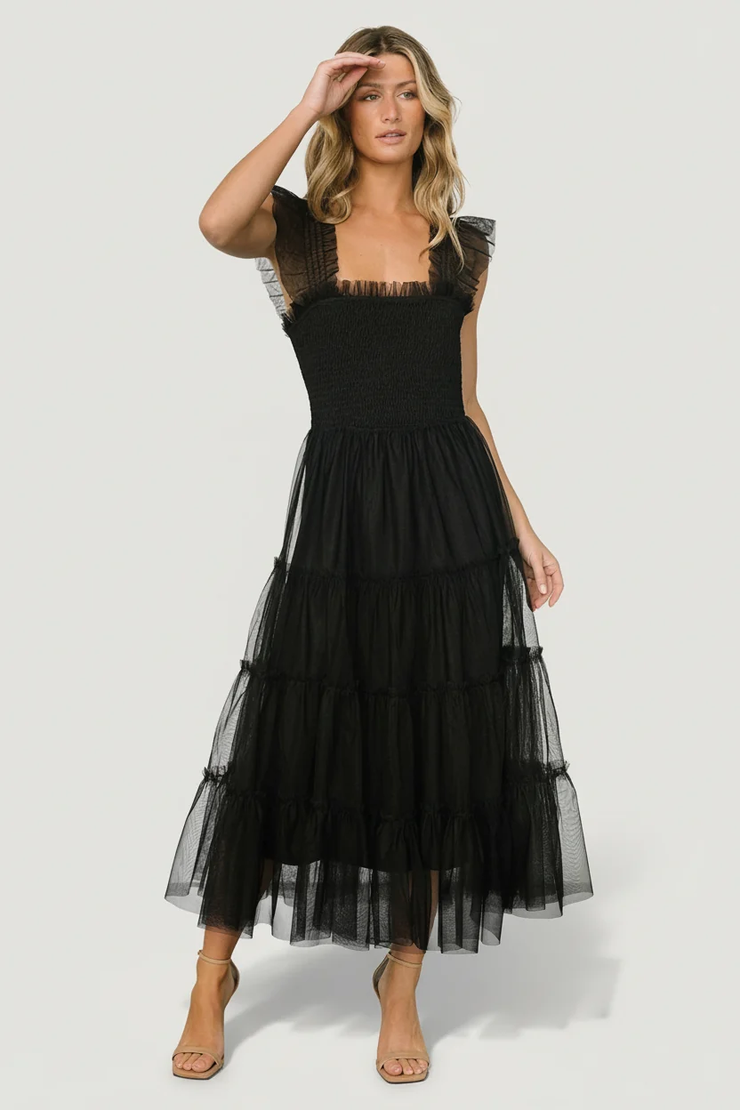 Emma Smocked Tulle Midi Dress — Black 1 Emma Smocked Tulle Midi Dress — Black