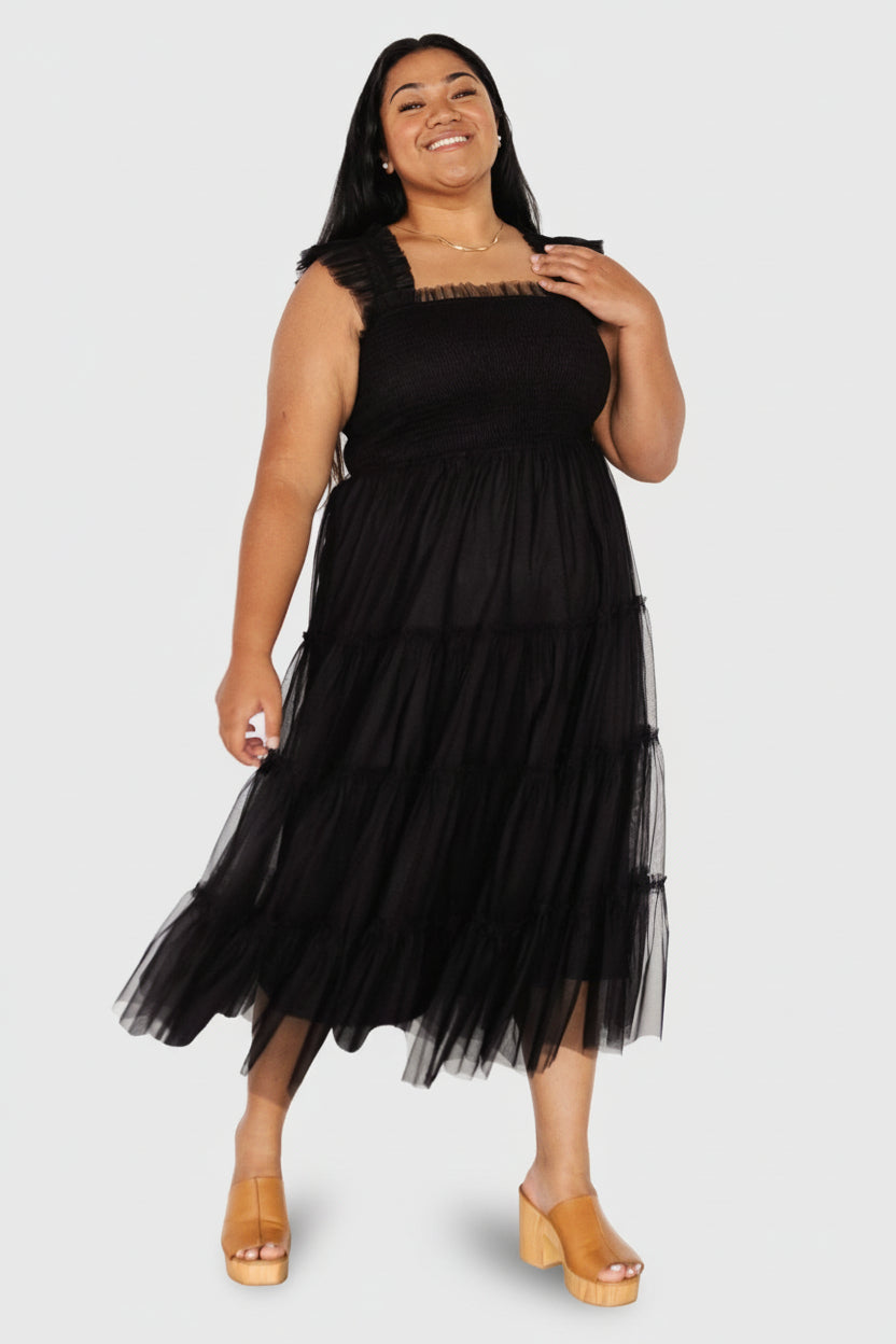 Emma Smocked Tulle Midi Dress — Black 4 Emma Smocked Tulle Midi Dress — Black
