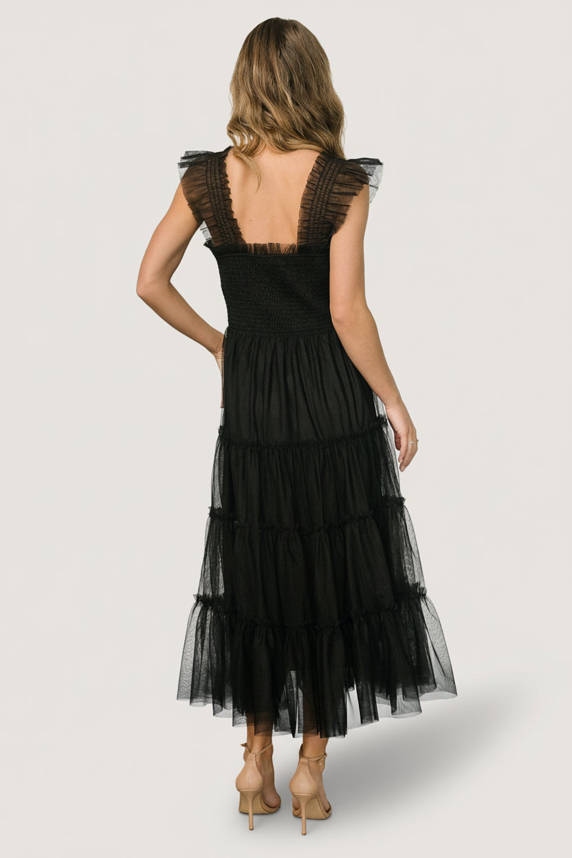 Emma Smocked Tulle Midi Dress — Black 5 Emma Smocked Tulle Midi Dress — Black
