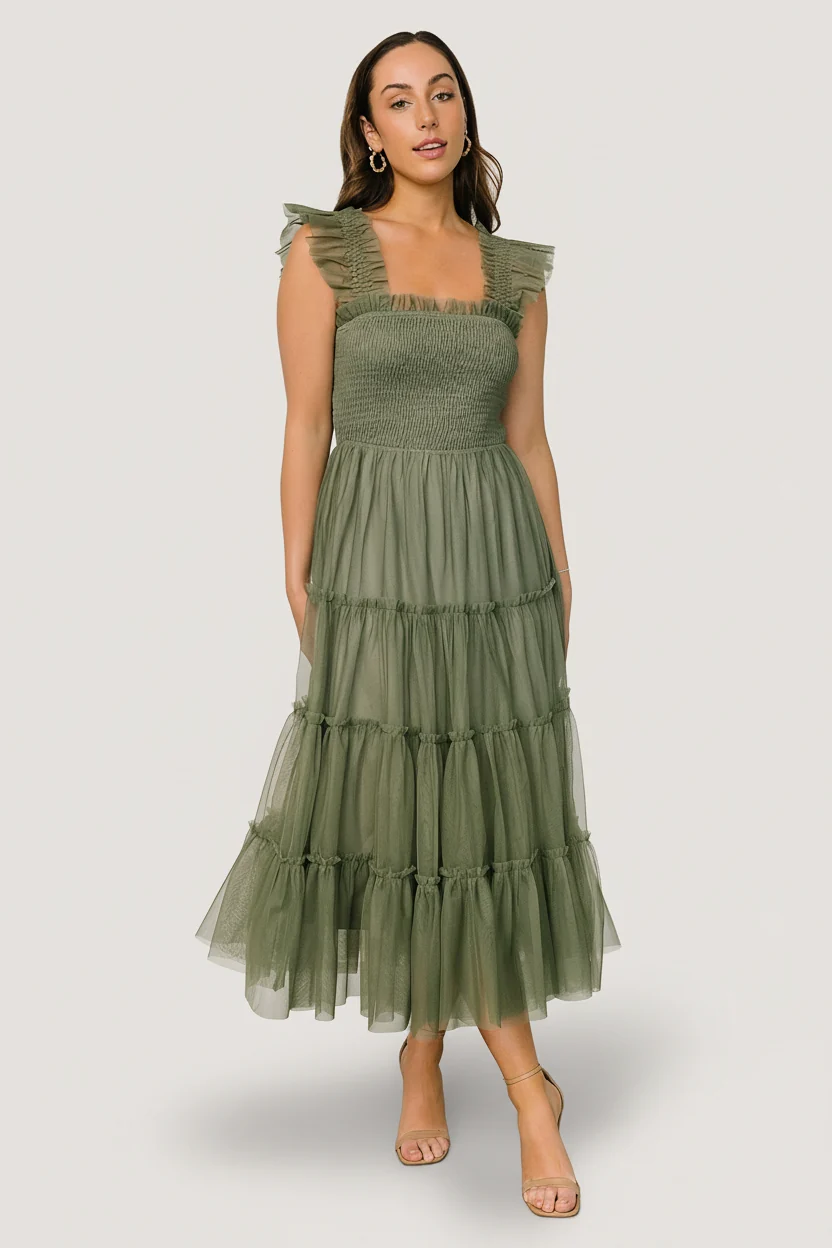 Emma Smocked Tulle Midi Dress — Sage