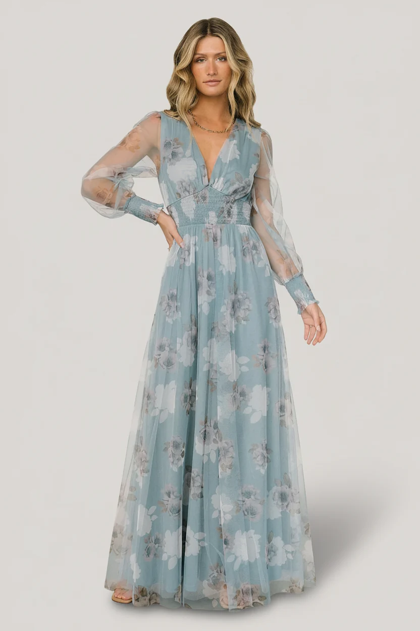 Layla Tulle Maxi Dress — Light Blue Floral