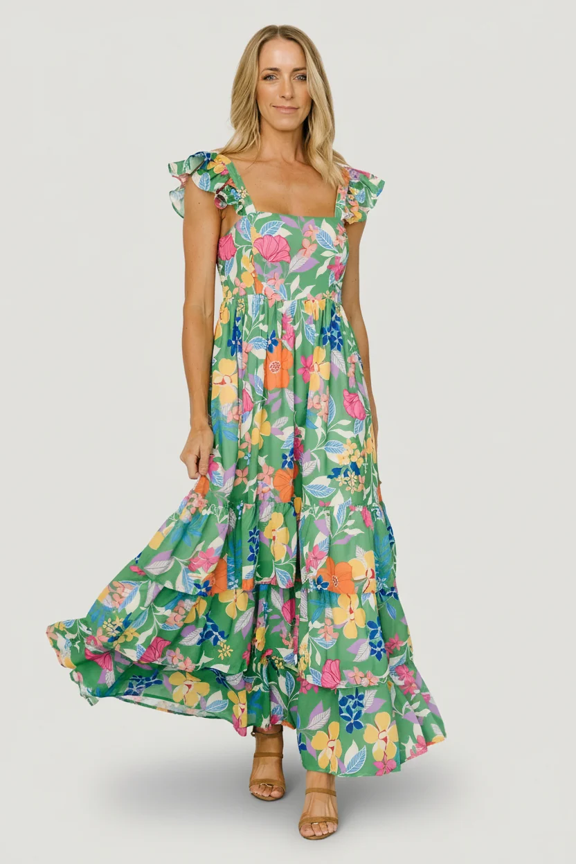 Monte Tiered Maxi Dress — Green Multi