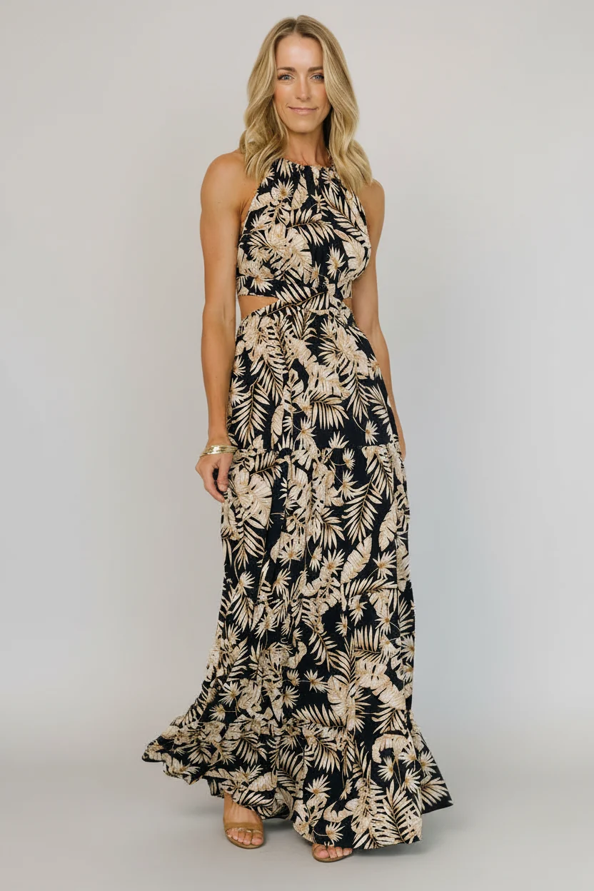 Brett Halter Maxi Dress - Navy Tropical Print 1 Brett Halter Maxi Dress - Navy Tropical Print