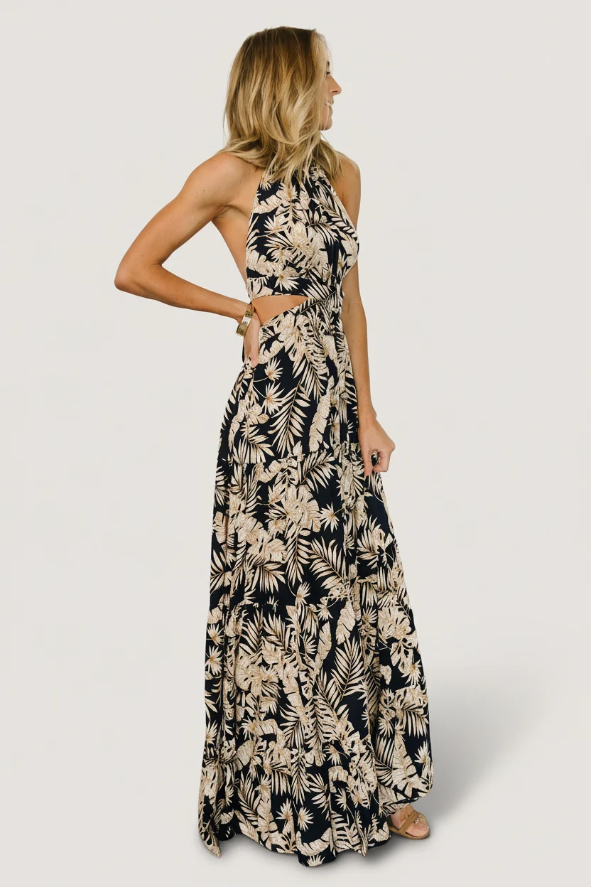 Brett Halter Maxi Dress - Navy Tropical Print 4 Brett Halter Maxi Dress - Navy Tropical Print