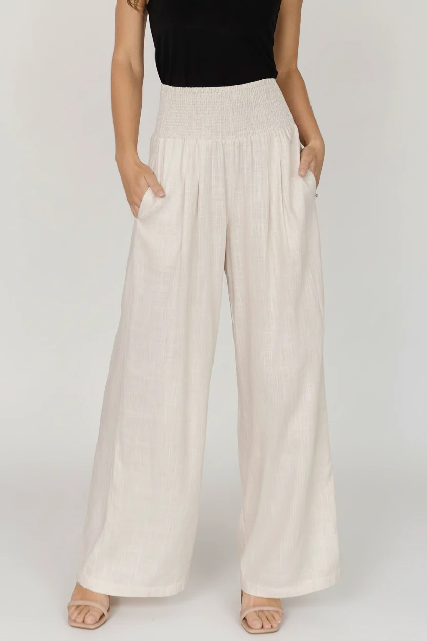 Parvati Smocked High-Waist Pants, Natural
