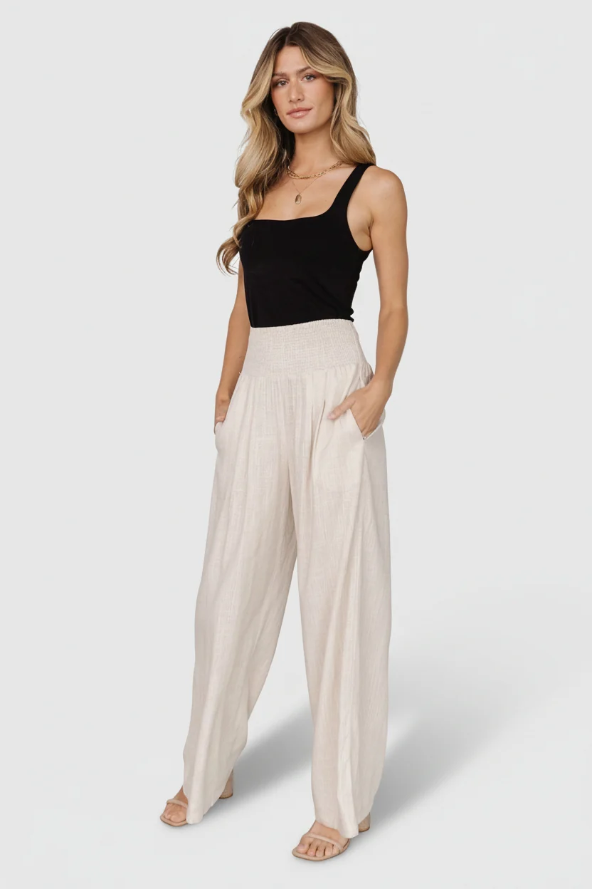 Parvati Smocked High-Waist Pants, Natural