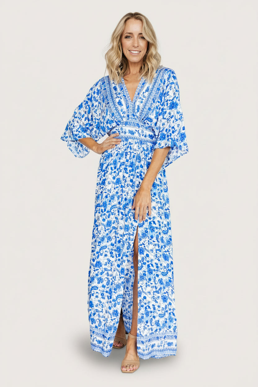 Watson Kimono Maxi Dress - Blue & White