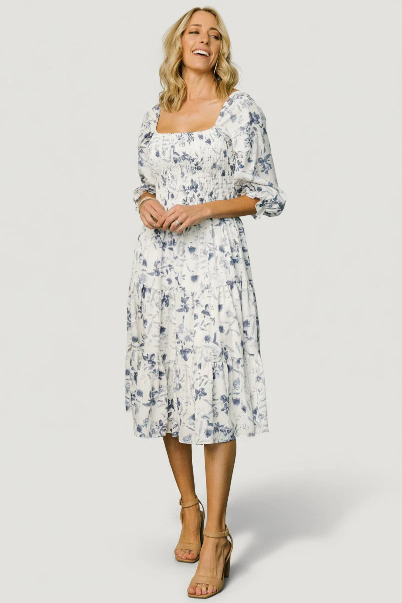 Marta Smocked Midi Dress — White & Blue Floral