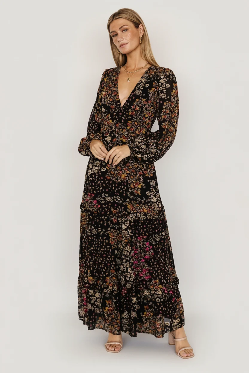 Bowman Deep V Maxi Dress - Black Multi Floral