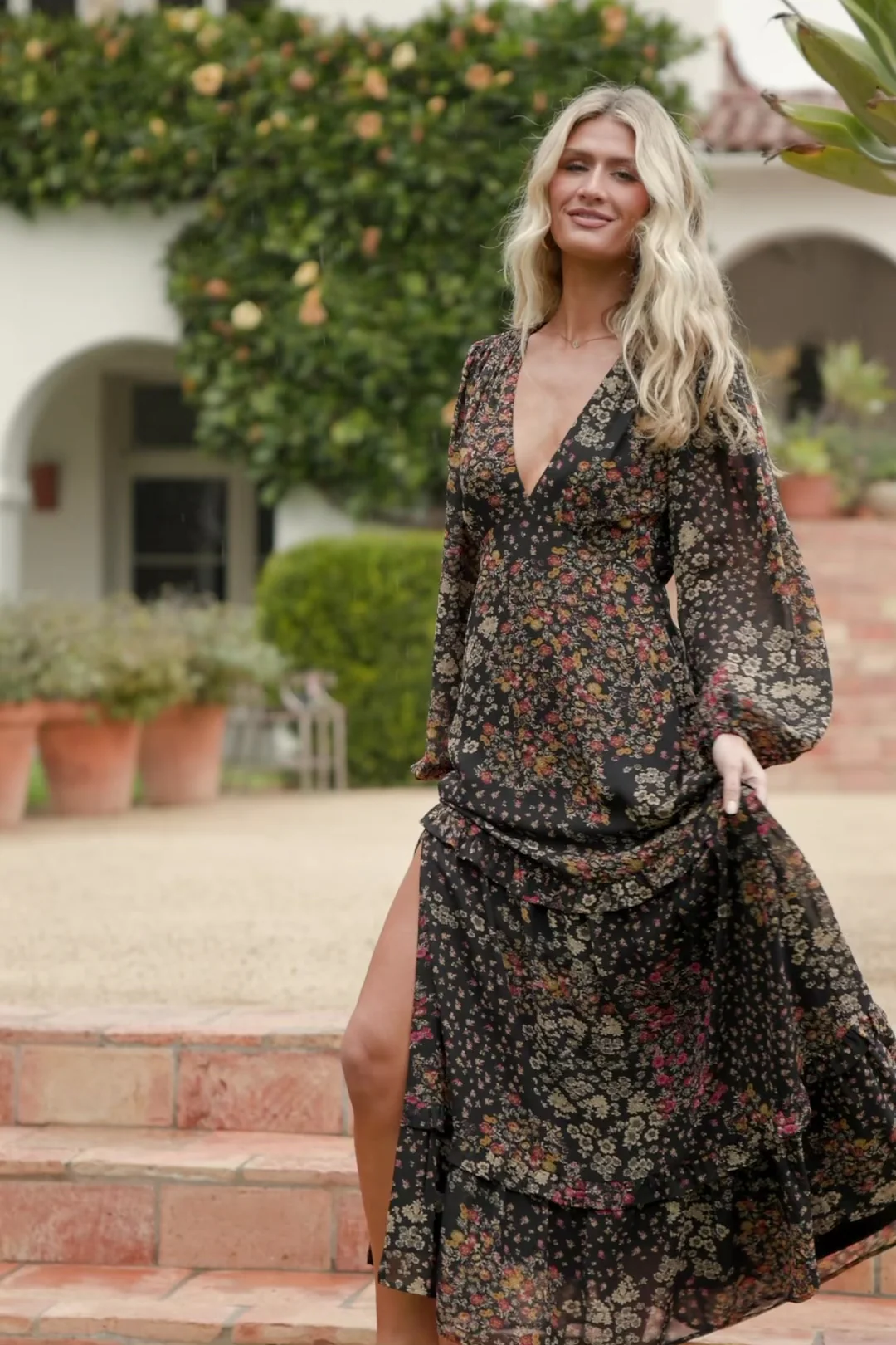 Bowman Deep V Maxi Dress - Black Multi Floral