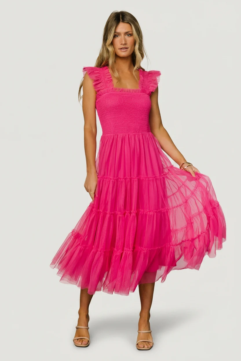 Emma Smocked Tulle Midi Dress — Hot Pink 17 Emma Smocked Tulle Midi Dress — Hot Pink