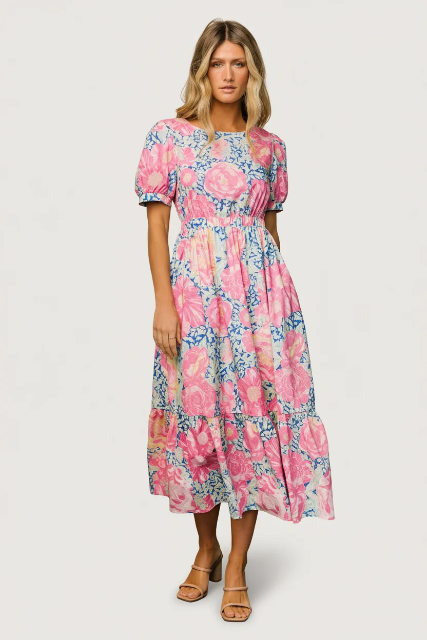 Myers Tiered Midi Dress - Blue & Pink Floral 1 Myers Tiered Midi Dress - Blue & Pink Floral