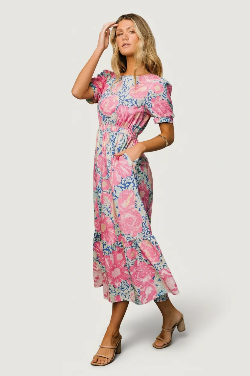 Myers Tiered Midi Dress - Blue & Pink Floral 4 Myers Tiered Midi Dress - Blue & Pink Floral