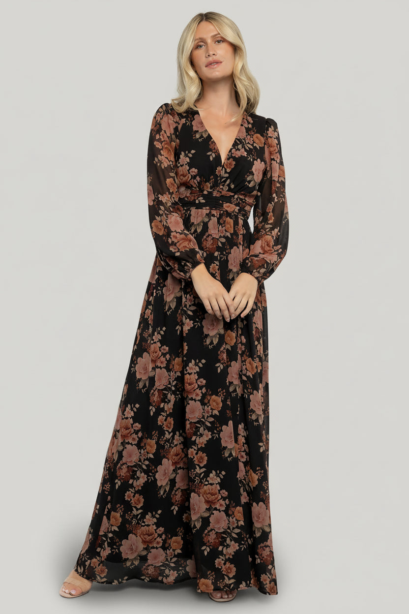 Adira Maxi Dress — Black & Mauve Floral