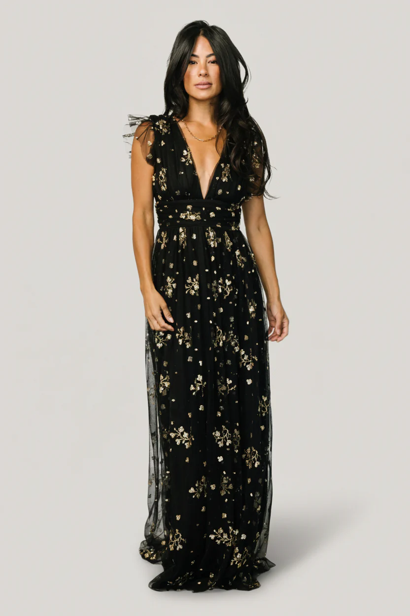Natalia Floral Embellished Maxi — Black & Gold