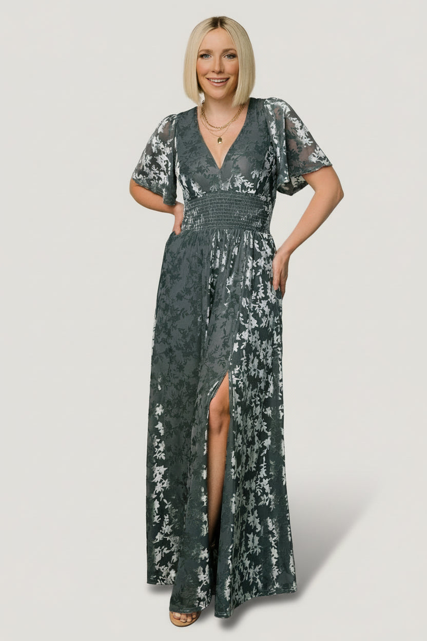 Veronica Velvet Maxi - Slate Blue Smocked Waist