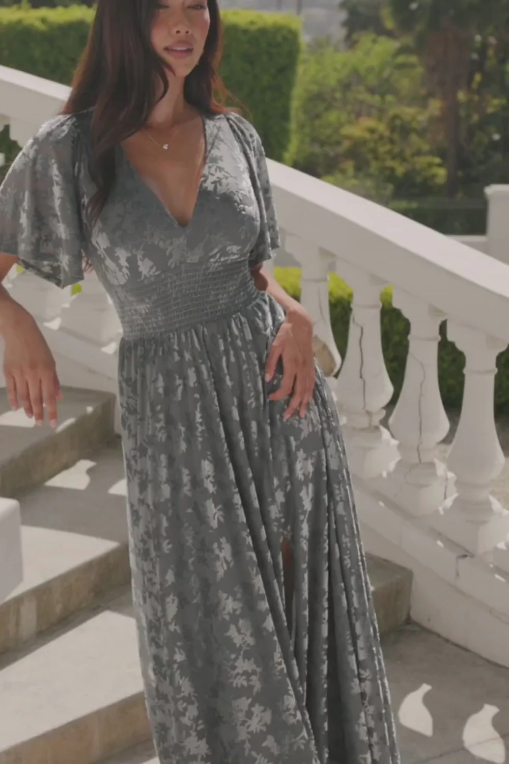 Veronica Velvet Maxi - Slate Blue Smocked Waist