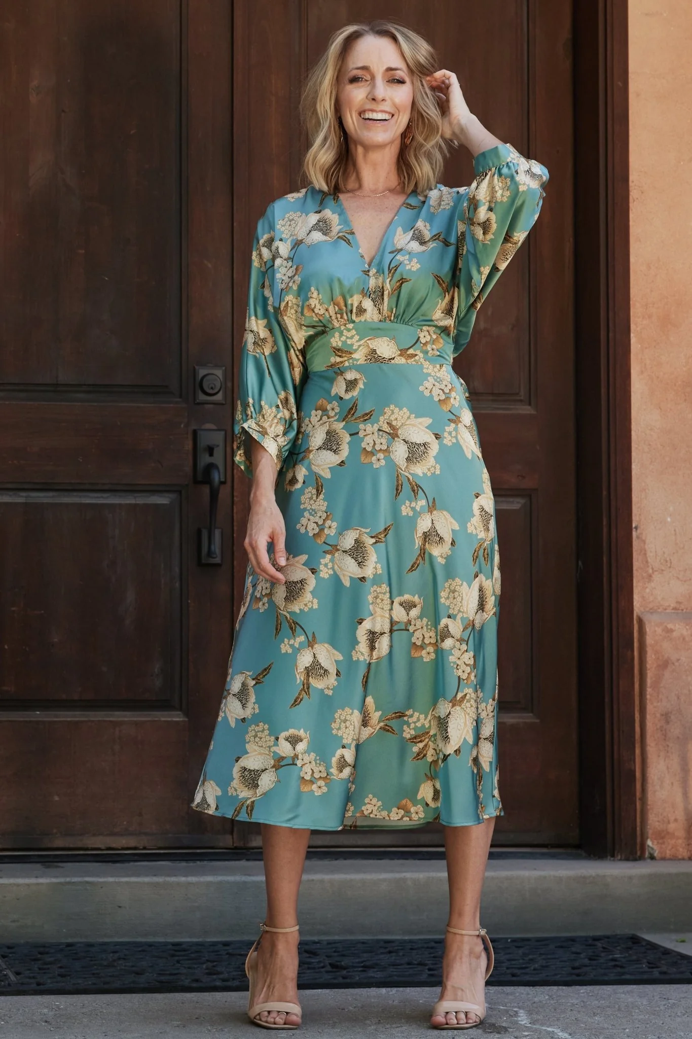 Joni Satin Midi Dress — Blue Multi Floral