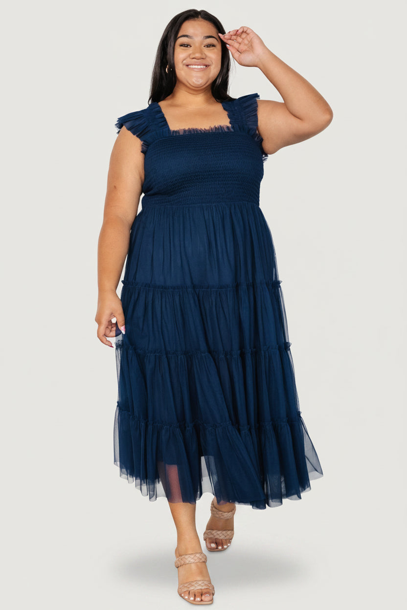 Emma Smocked Tulle Midi Dress, Navy