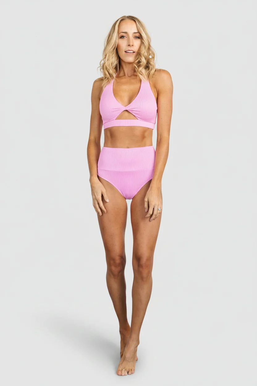Del Mar Ribbed High-Waist Bikini Bottom - Pink
