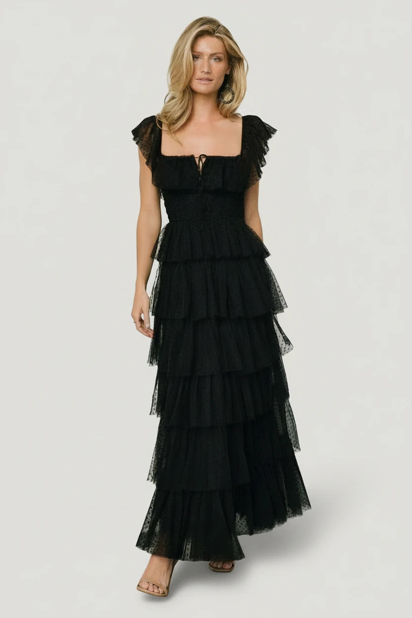 Valora Swiss Dot Tulle Maxi Dress, Black