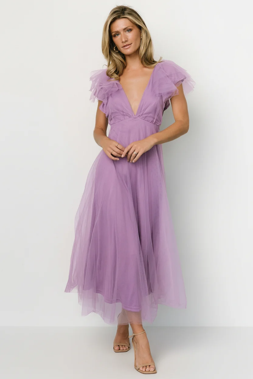 Annabella Tulle Midi Dress - Lavender V-Neck