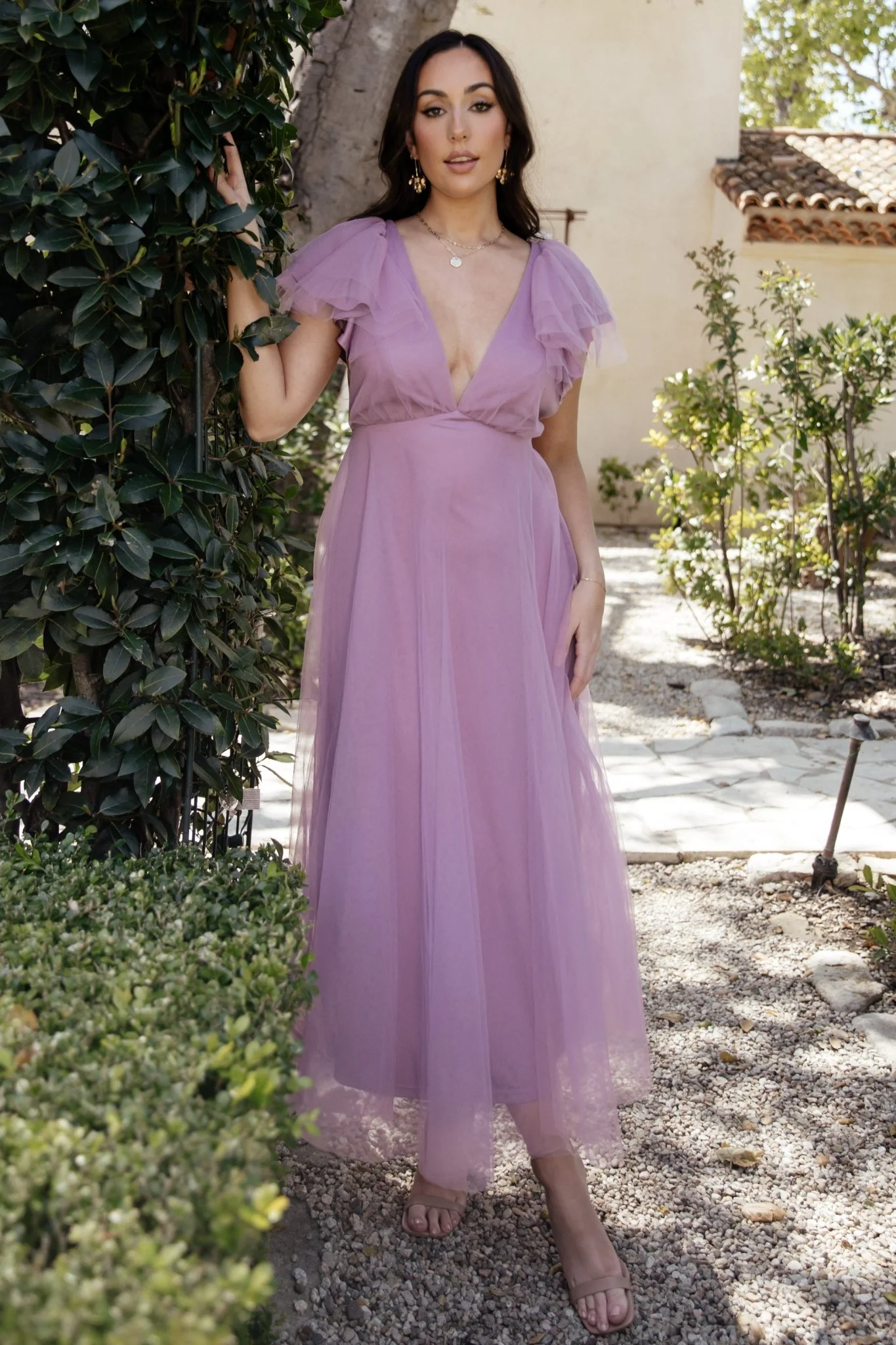 Annabella Tulle Midi Dress - Lavender V-Neck