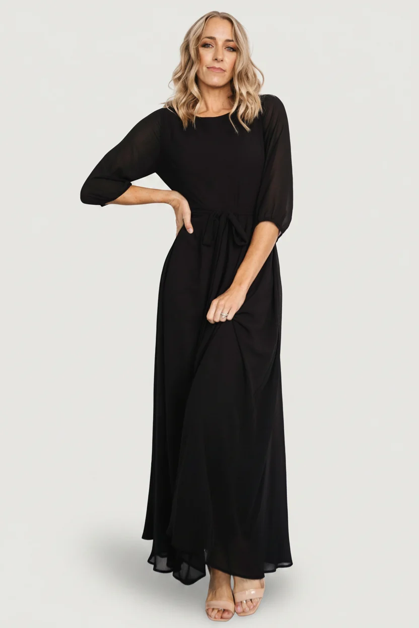 Rebecca Maxi Dress - Elbow Sleeve in Black
