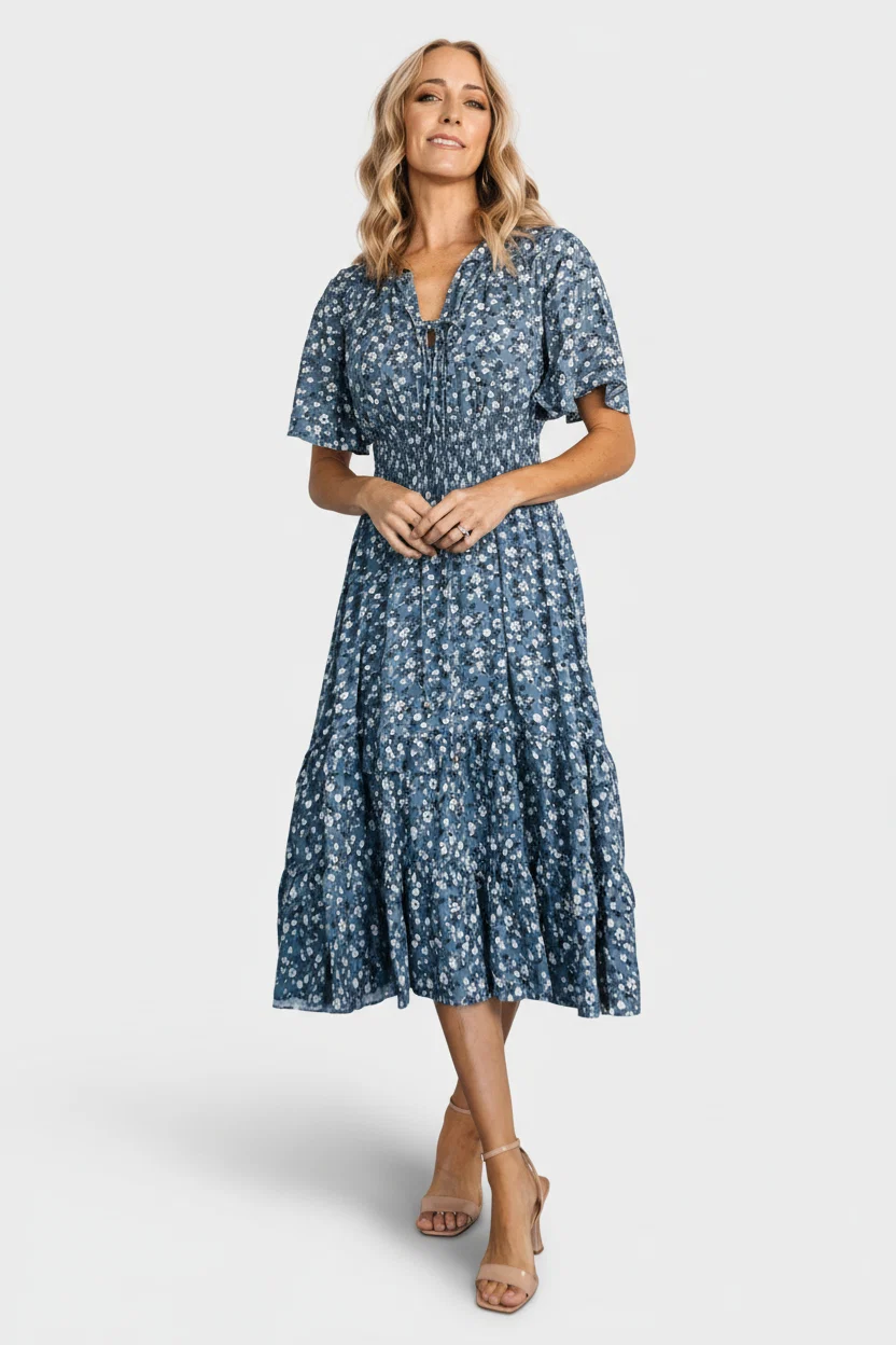 Spell Boho Midi - Blue Floral, Smocked Waist