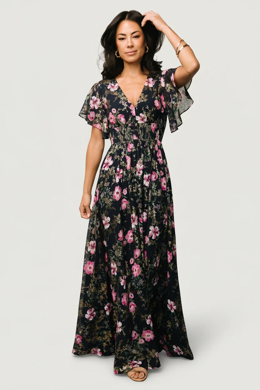 Lynlee Metallic Maxi Dress — Dark Blue & Pink