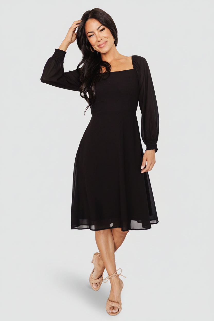 Elise Short Chiffon Dress — Black Smocked Back