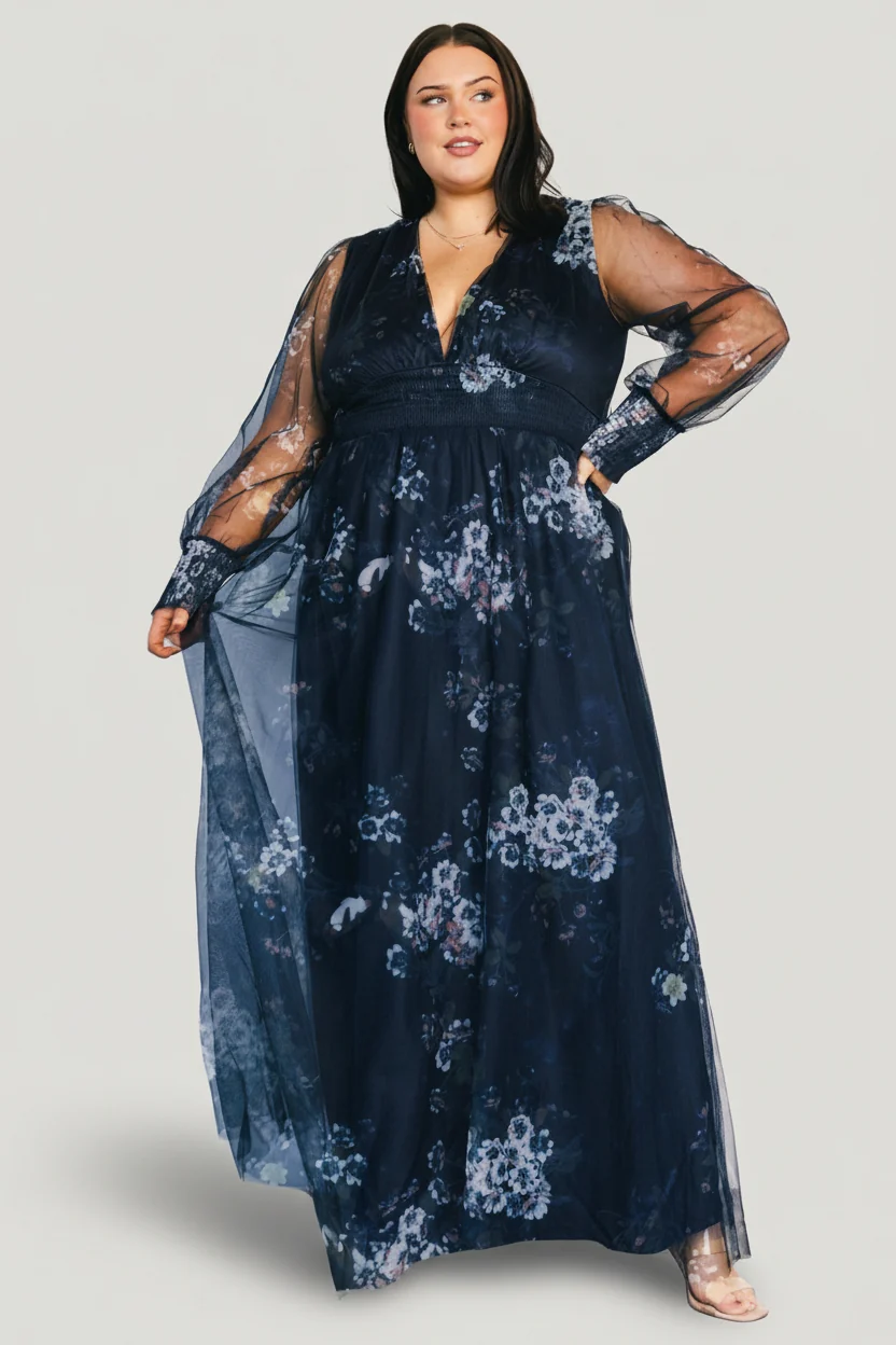 Layla Tulle Maxi Dress — Navy Multi Floral