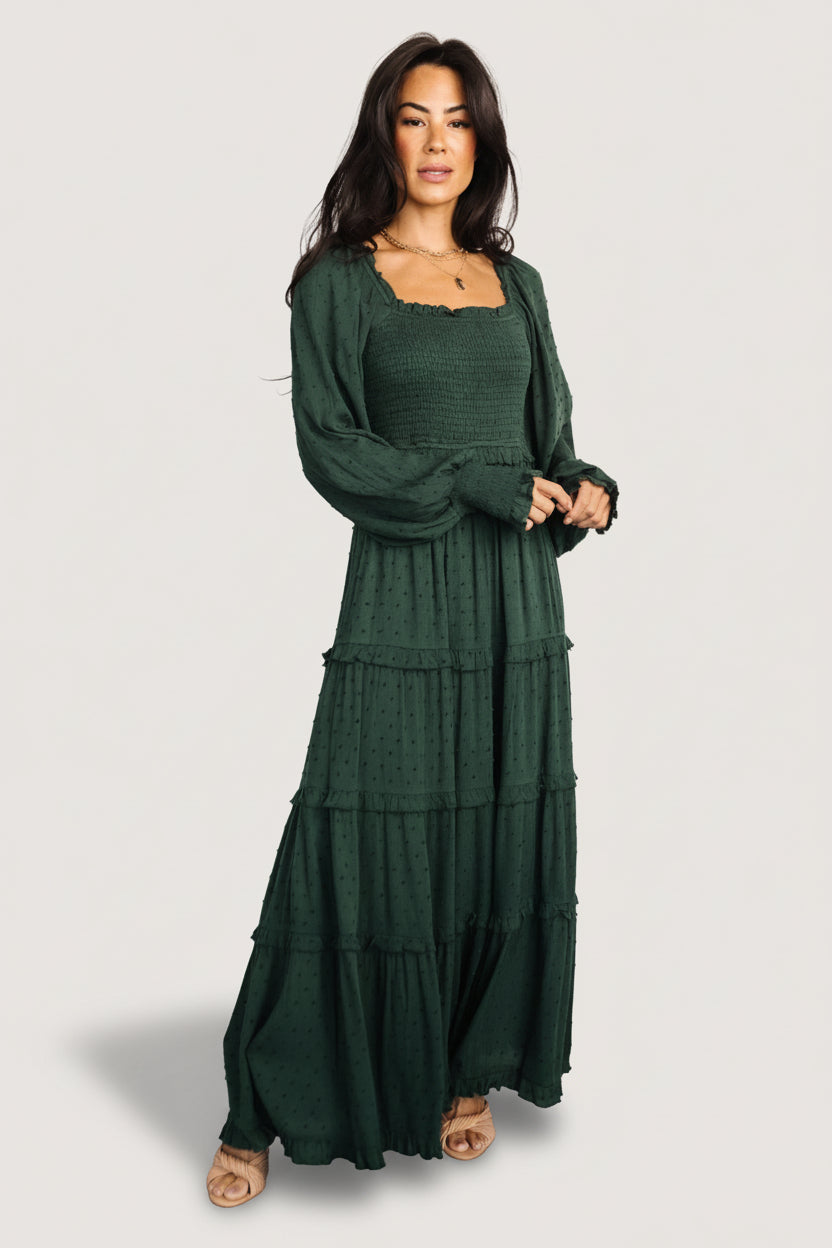 Amanda Smocked Dotted Maxi Dress — Evergreen