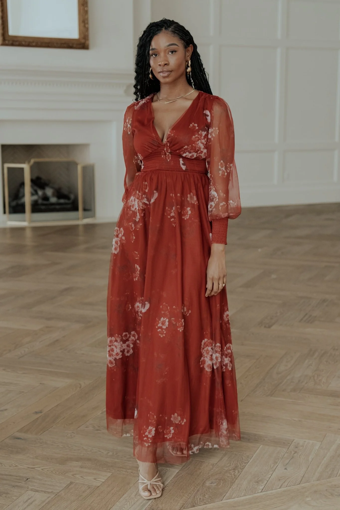 Layla Tulle Maxi Dress - Rust Floral Maxi