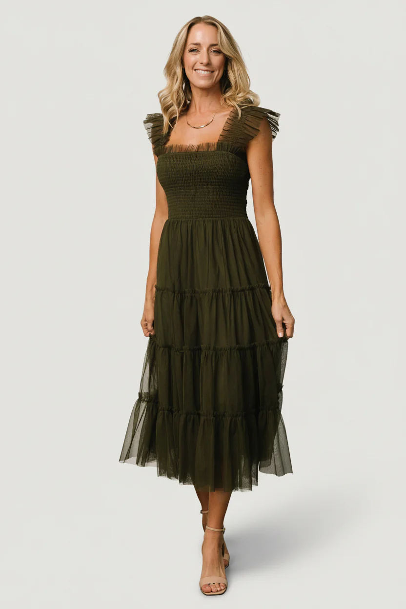 Emma Smocked Tulle Midi Dress — Dark Olive